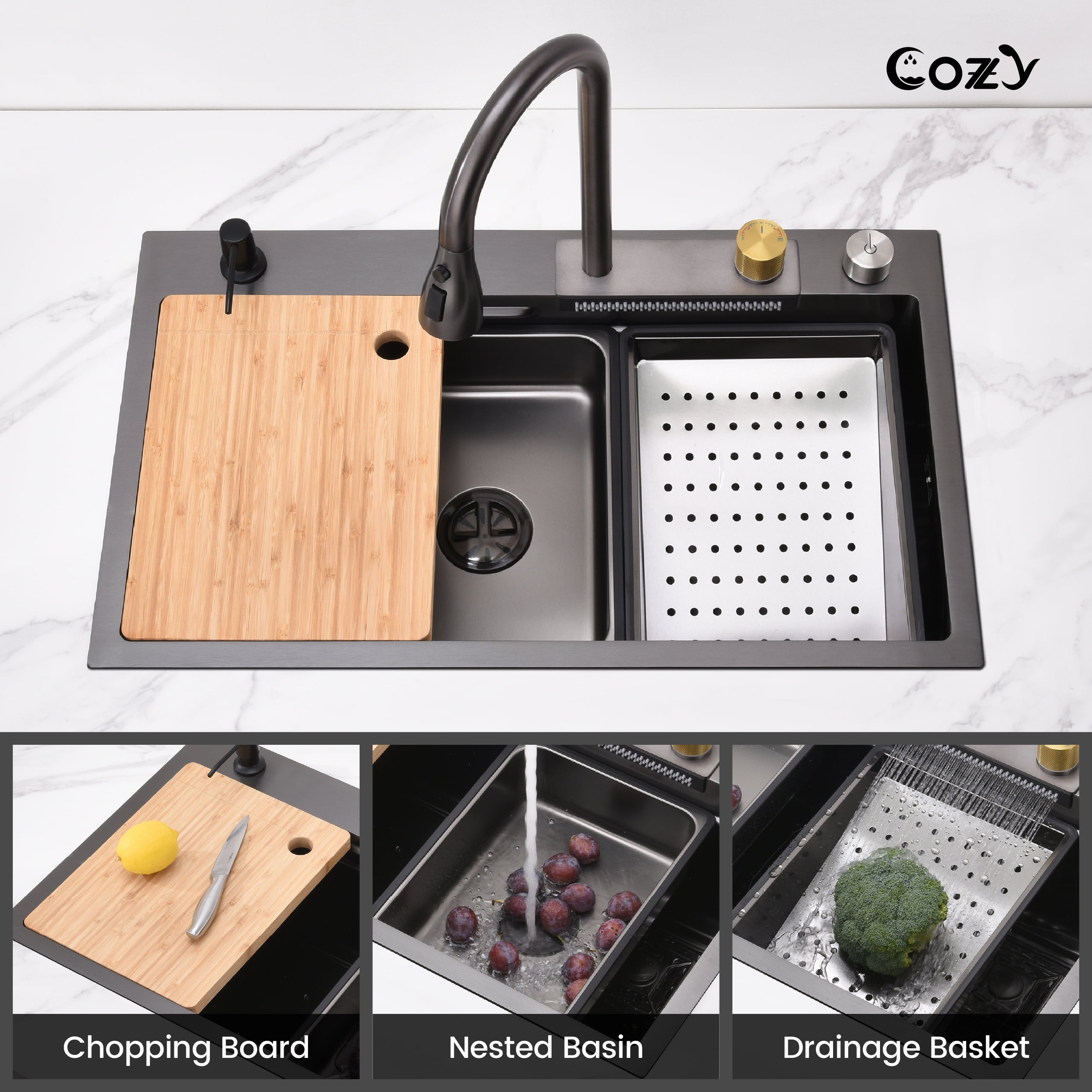 COZY 30″×22″ Stainless Steel Single Bowl Kitchen Sink, Black Waterfall Workstation with Flying-Rain Faucet, Cutting Board, 1 Count, SS-BL05-302208