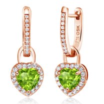 Gem Stone King 18K Rose Gold Plated Silver Green Peridot and White Created Sapphire Dangle Earrings for Women (2.03 Cttw, Gemstone August Birthstone, Heart Shape 6MM)