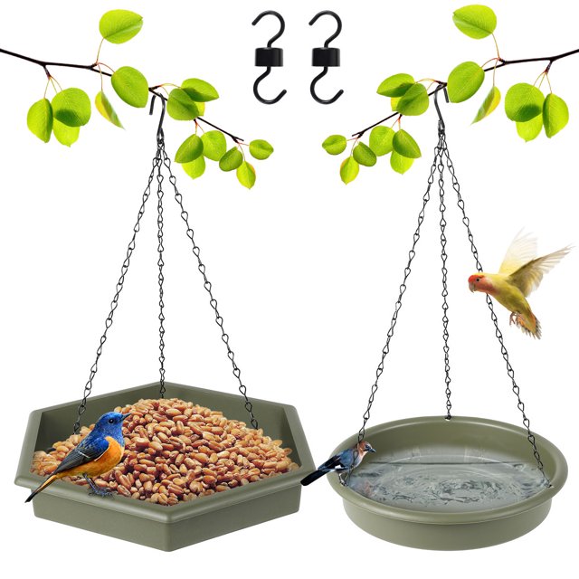 suministros para aves 2 Piezas De Baño Colgante Para Pájaros, Comedero Colgante Para Semillas, Comedero Hexagonal Para Pájaros Y Bandeja Redonda Para Beber Para Pájaros, Resistente Colector De Semilla Muyoka Hogar