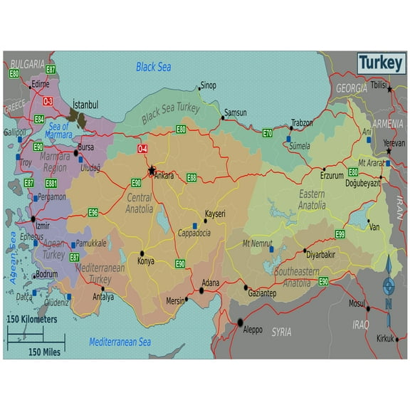 Palmetto Posters 24x31 Laminated Poster: Large regions map of turkey