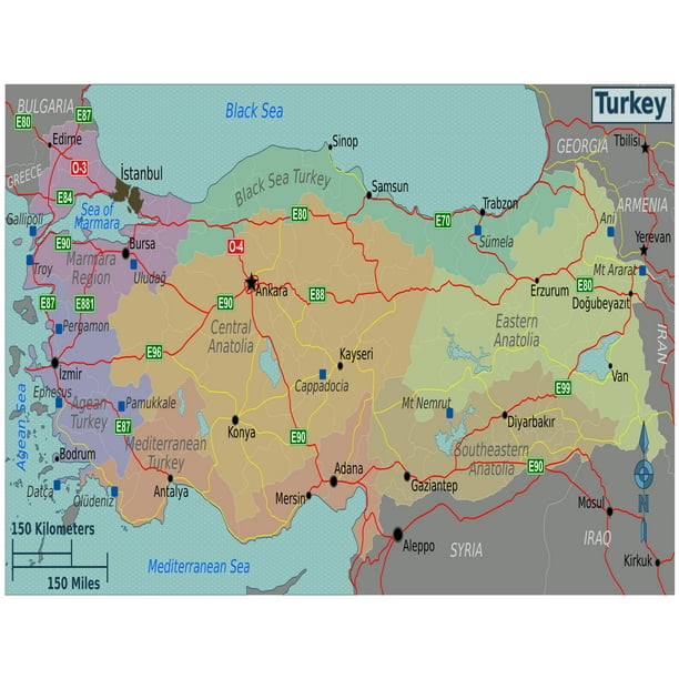 Palmetto Posters 24x31 Laminated Poster: Large regions map of turkey ...