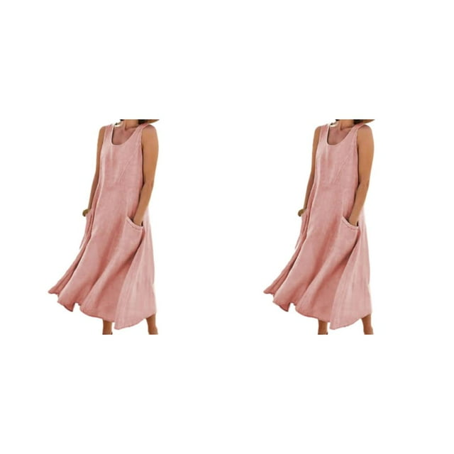 pitrice Femmes Été Coton Lin Robe Sans Manches Col Rond Boho Vintage Style Plage Couleur Unie en Vrac Kaftan Porter Tous les Jours Rose/S 2Set