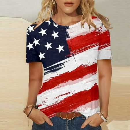 

Womens Casual Independence Day Printed T Shirts Summer Fashion Casual Tops Round Neck Loose Comfort Short Sleeves Loose Work Tops Women under Scrub Women Long Sleeve Shirts