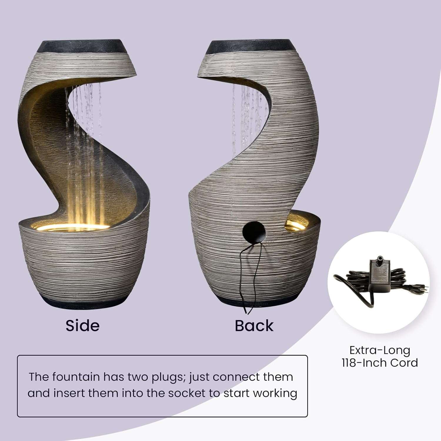 Outdoor Water Fountain 37" Tall S-Curve Floor-Standing Rainfall Fountain Garden Waterfall Feature with LED, Garden Patio Porch Yard Decor, Outdoor Water Feature with Flat Top for Plant, Resin
