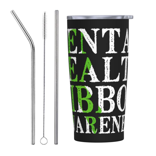 En mayo usamos verde Mes de concientización sobre la salud mental Taza de viaje de café de acero inoxidable con aislamiento de 20 oz con pajita Taza térmica portátil Juego de tres piezas con pajita