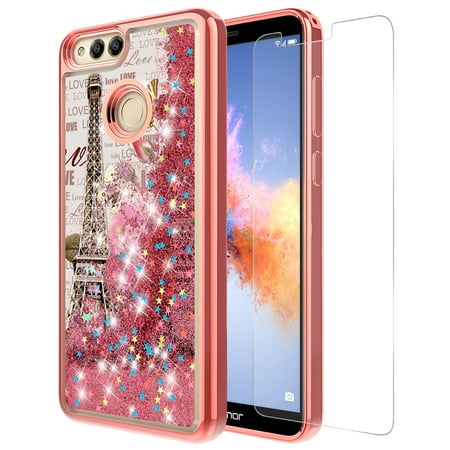 Huawei Honor 7X Case With Tempered Glass Screen Protector, KAESAR Quicksand Glitter Sparkly Bling Liquid Shiny Luxury Graphic Soft TPU Bumper Protective Cover for Honor 7 X (Eiffel Tower)