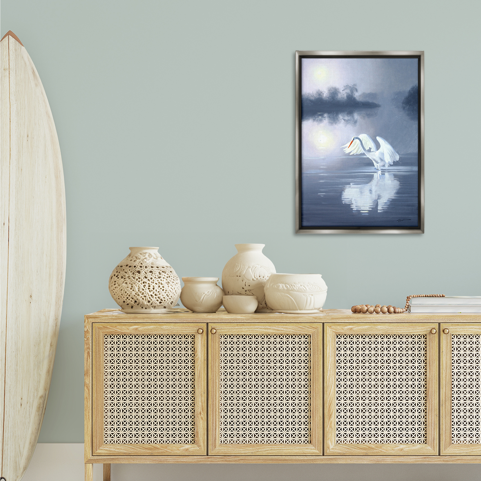 Stupell Industries Egret on Stormy Waters Animals & Insects Painting Gray Floater Framed Canvas Art Print Wall Art, 21 x 31
