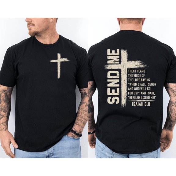 Send Me Isaiah 6:8 Christian Cross Here Am I Send Me Retro Front & Back T-Shirt