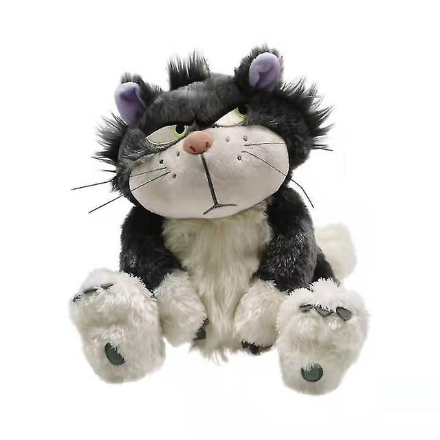 juguete de peluche yongsheng disney kawaii lucifer 30cm peluche estilo gato, vista frontal centrada; pelaje gris oscuro y blanco crema, orejas con interior lila, ojos verdes bordados, hocico beige con nariz rosa y bigotes cosidos, almohadillas bordadas en las patas, relleno de algodón pp, tamaño aprox. 30 cm; ideal como regalo, almohada para abrazar o decoración para dormitorio o coche.
