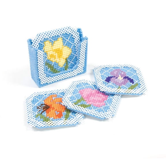 Mary Maxim Floral Trellis Coasters Set with Holder Kit
