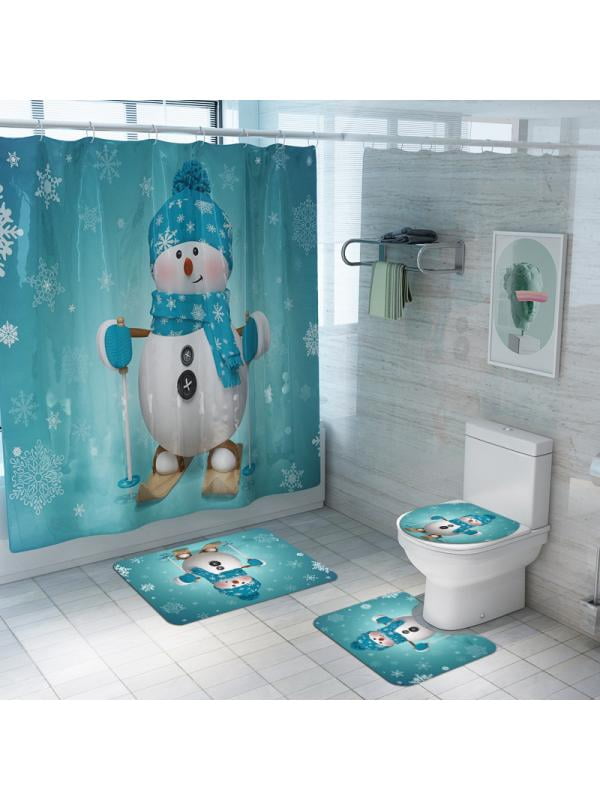 Simplenes 4PCS Christmas Print Shower Curtain Bathroom Mat Set Dry and Wet Separation Non Slip Toilet Pad Cover Bath Mat Toilet Cover Seat Rug Machine Wash,