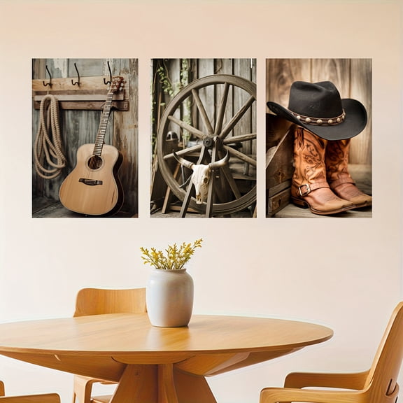 Set of 3 Vintage Canvas Wall Art Prints, Cowboy Hat & Boots, Frameless Canvas Murals, Living Room, Bedroom, Bathroom, Office Corridor Wall Decor