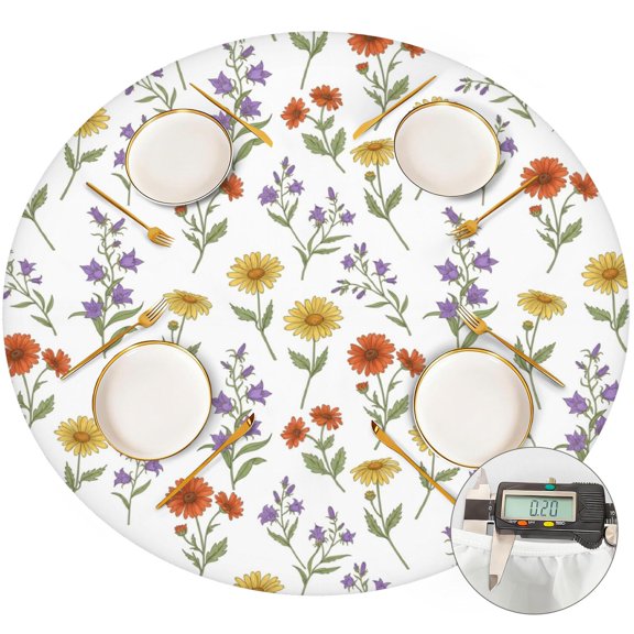Pioneer Flower Floral Print Pattern Round Fitted Tablecloth with Elastic Edge, Waterproof Dining Table Cover for Indoor Outdoor Camping and Daily Use