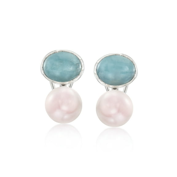 Ross-Simons 13.5-14mm Cultured Pearl and 10.00 ct. t.w. Aquamarine Earrings in Sterling Silver, Women's, Adult