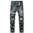 thumbnail image 2 of Tejiojio Men's and Big Men's Flat Front Comfort Waist Flex Pants Men's Casual Autumn Denim Cotton Straight Ripped Hole Trousers Jeans Pants Full Length Pants, 2 of 9