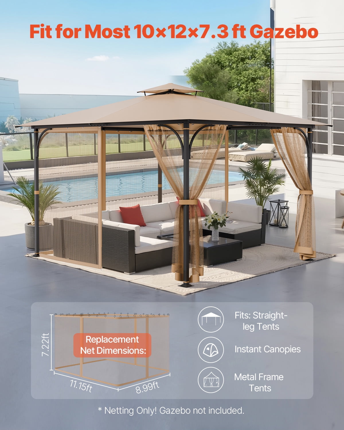 VEVOR Gazebo Netting Replacement, Fit Most 10 x 12 x 7.3 FT Gazebo,Outdoor Garden Gazebo Net,4-Panel Sidewall Mesh Gazebo Curtain, Patio Midge Netting with Double Zipper,Canopy Screen (Netting Only)