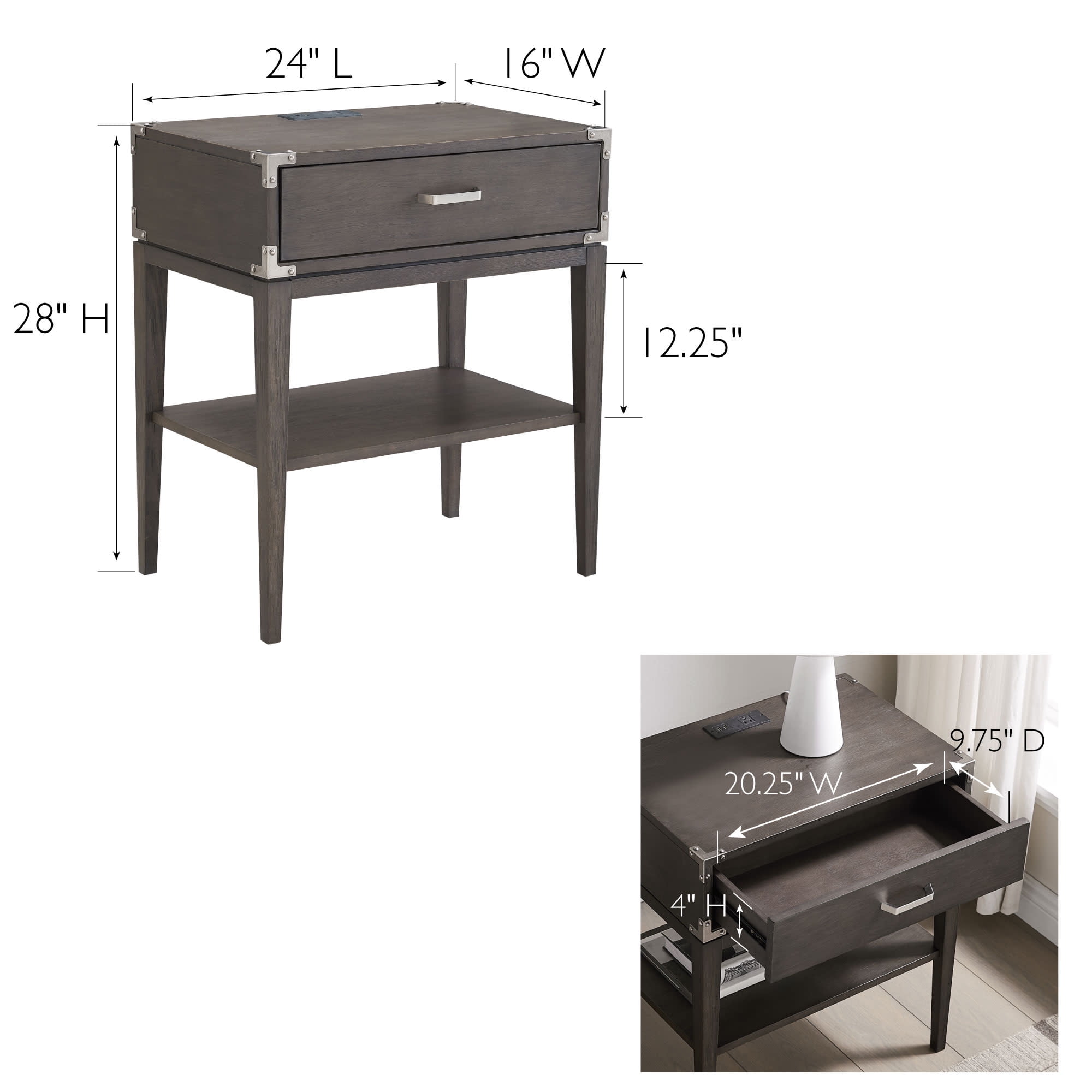 Beckett Nightstand Side Table One Drawer Rustic – Fast Charging Station, A/C and USB Charging Port Integrated – Durable Solid Wood – Living Room, Bedroom, Office, Anthracite/Pewter – Leick Home, 24022