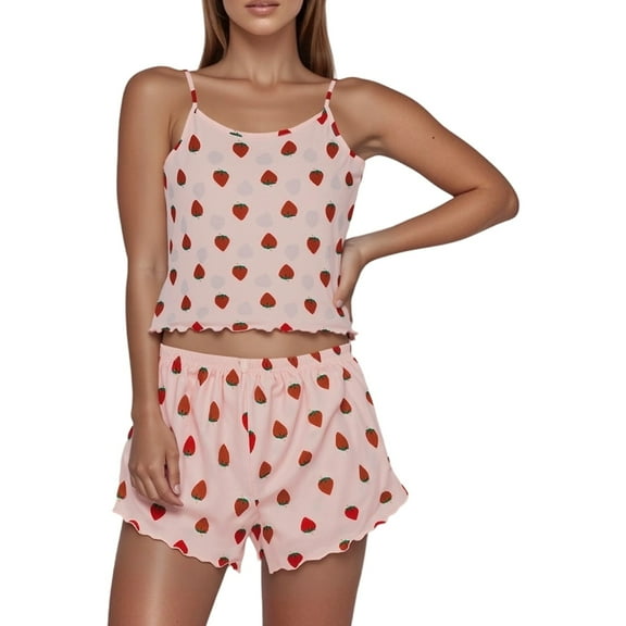 Wang6 Womens Cami Pajama Sets 2 Piece Pjs Set Soft Cropped Tank Top Elastic Waist Shorts V Neck Cow Printed Camisole Lounge Sleepwear Sets Pink XL