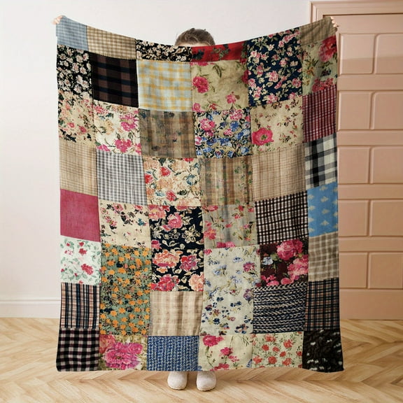 1pc Cozy Floral Patchwork Flannel Throw Blanket - Soft, Comfortable, All-Season | Vintage Mid-Century Style with Colorful Patterns for Bed, Sofa, Office, Camping