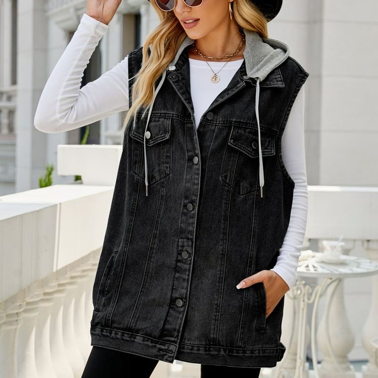 Lovskoo Women s Denim Vest Oversized Casual Classic Sleeveless Button Denim Jacket Hooded Waistcoat Black S Walmart