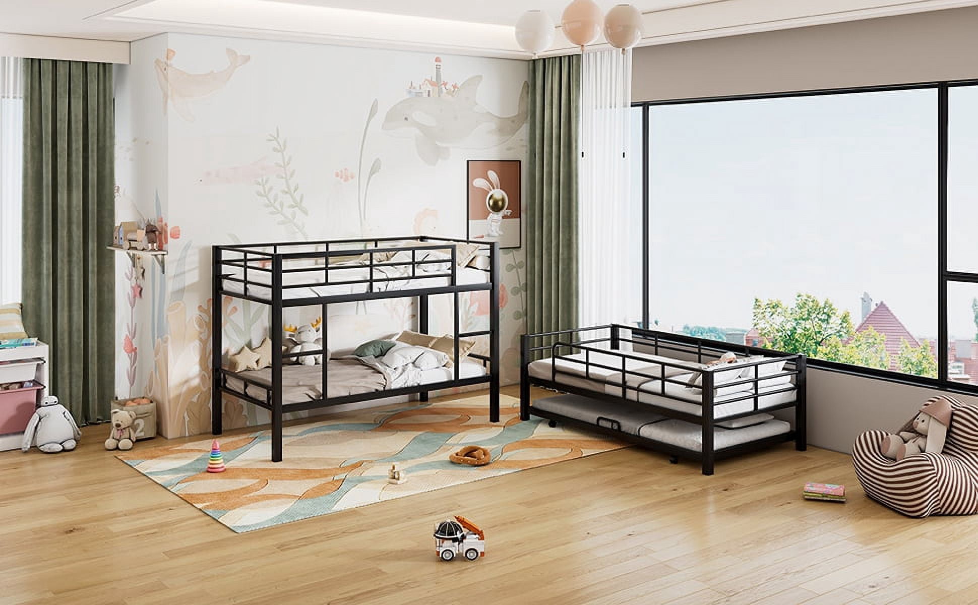 Metal Twin Size Triple Bunk Bed With Trundle, Black