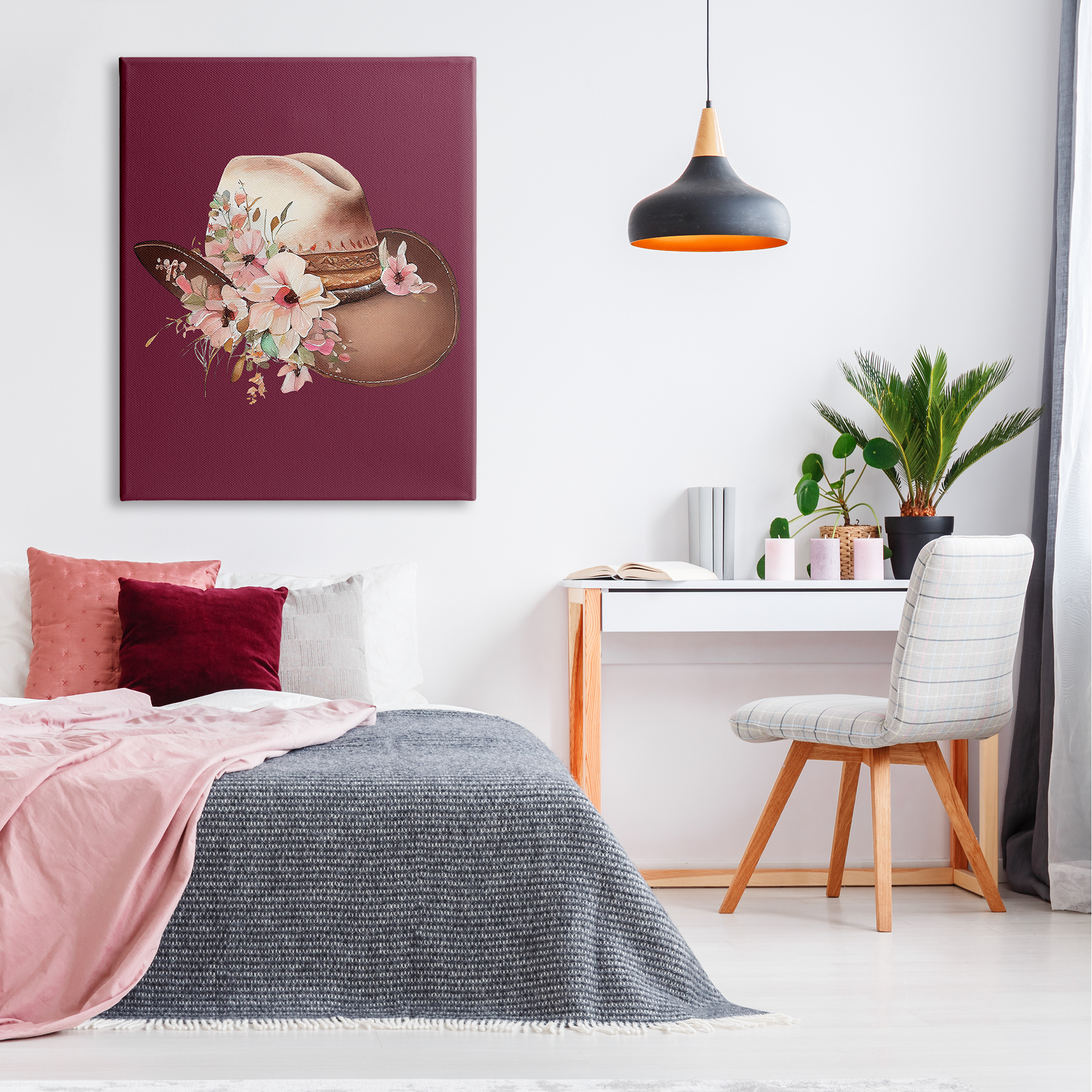 Stupell Industries Cowgirl Hat on Burgundy Botanical & Floral Painting Gallery Wrapped Canvas Art Print Wall Art, 36 x 48