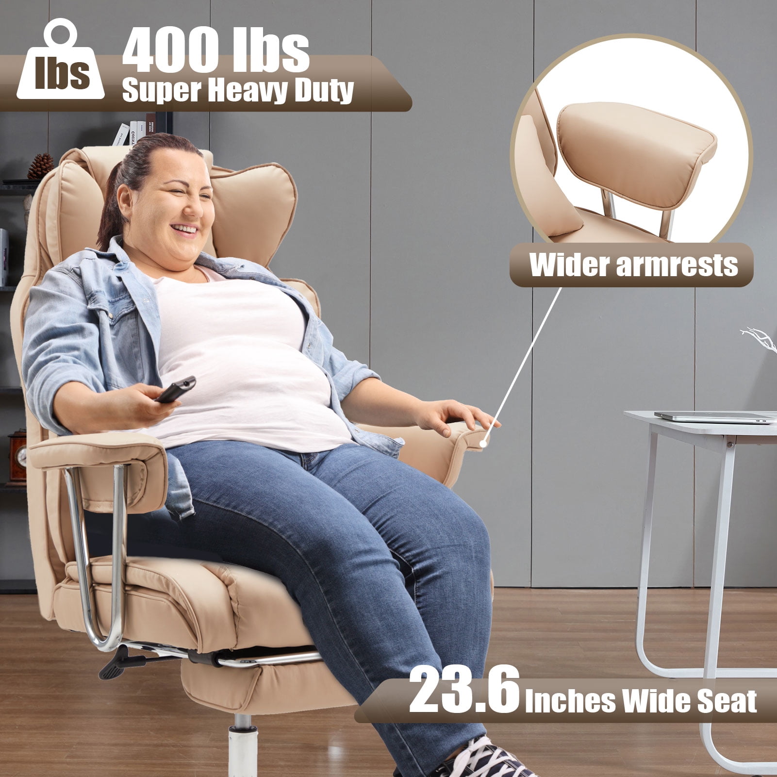 zzw Big and Tall Executive Office Chair, Reclining with Footrest, Adjustable High Back Ergonomic Leather Chair, 400lb Capacity
