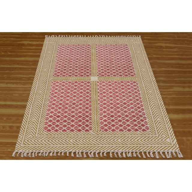 Casavani Handmade Red Geometric Cotton Dhurrie Square Living Room Rug Floor Area Rug 10x10 feet
