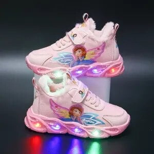 Disney niños dibujos animados Sophia princesa niña suave grueso calentador zapatos casuales zapatillas de deporte zapatos de algodón zapatos con luz LED 24-insole-15 cm Gao Jinjia LED