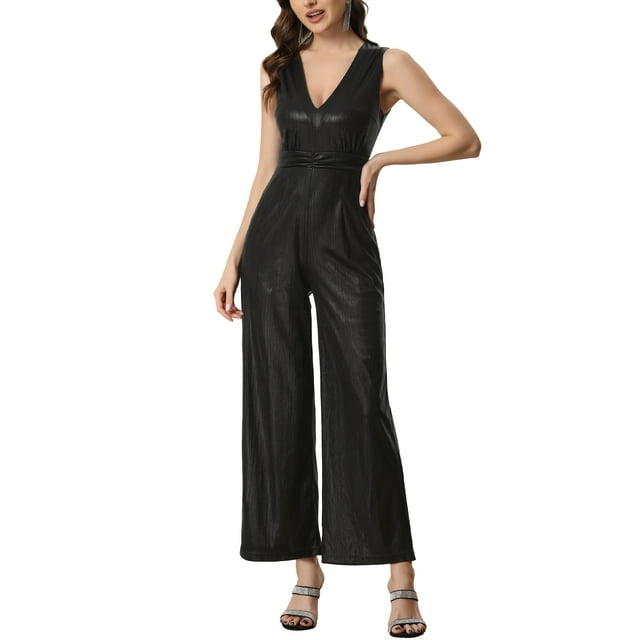 Mono metálico INSPIRE CHIC para mujeres, escote en V, sin mangas, con brillo para fiestas negro XS