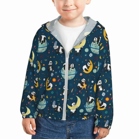 

Qekee Space Sleeping Panda Print UPF 50+ Kids Sun-Protective Hooded Long Sleeve Rash Guard for Fishing Water Beach Sports -4 Years