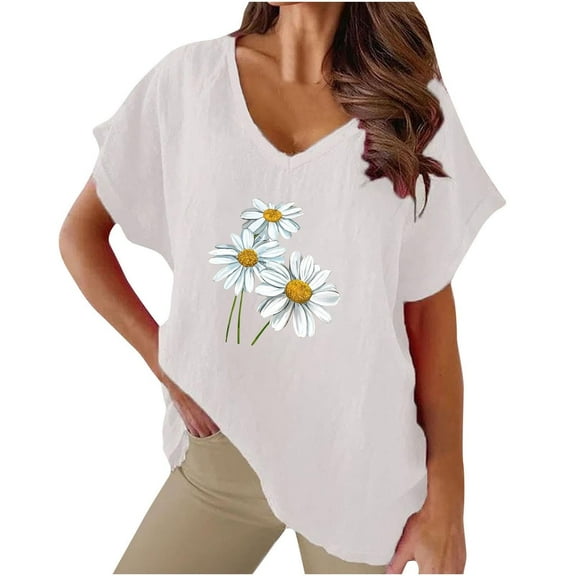 WREESH Women's Cotton Linen Graphic T-Shirts Sunflower Print V-Neck Dolman Sleeve Short Sleeve Tops White