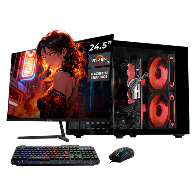 computadora escritorio completa xtreme pc gaming amd radeon vega renoir ryzen 7 5700g 16gb ssd 500gb monitor 24.5 100hz wifi black juegos casuales, trabajo y estudio vista frontal: monitor 24.5" Full HD 100Hz a la izquierda y torre negra a la derecha con panel lateral de vidrio que deja ver dos ventiladores ARGB rojos y placa madre A520; incluye teclado y mouse RGB, 16GB DDR4, SSD 500GB, fuente 600W y adaptador WiFi + Bluetooth integrado, pensada para multitarea ligera, estudio y juegos casuales.