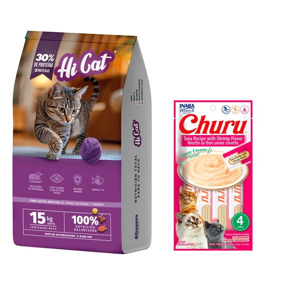 Hi-Cat 15 kg + Churu Atún con Camaron Sobre con 4 Tubos de 14 g