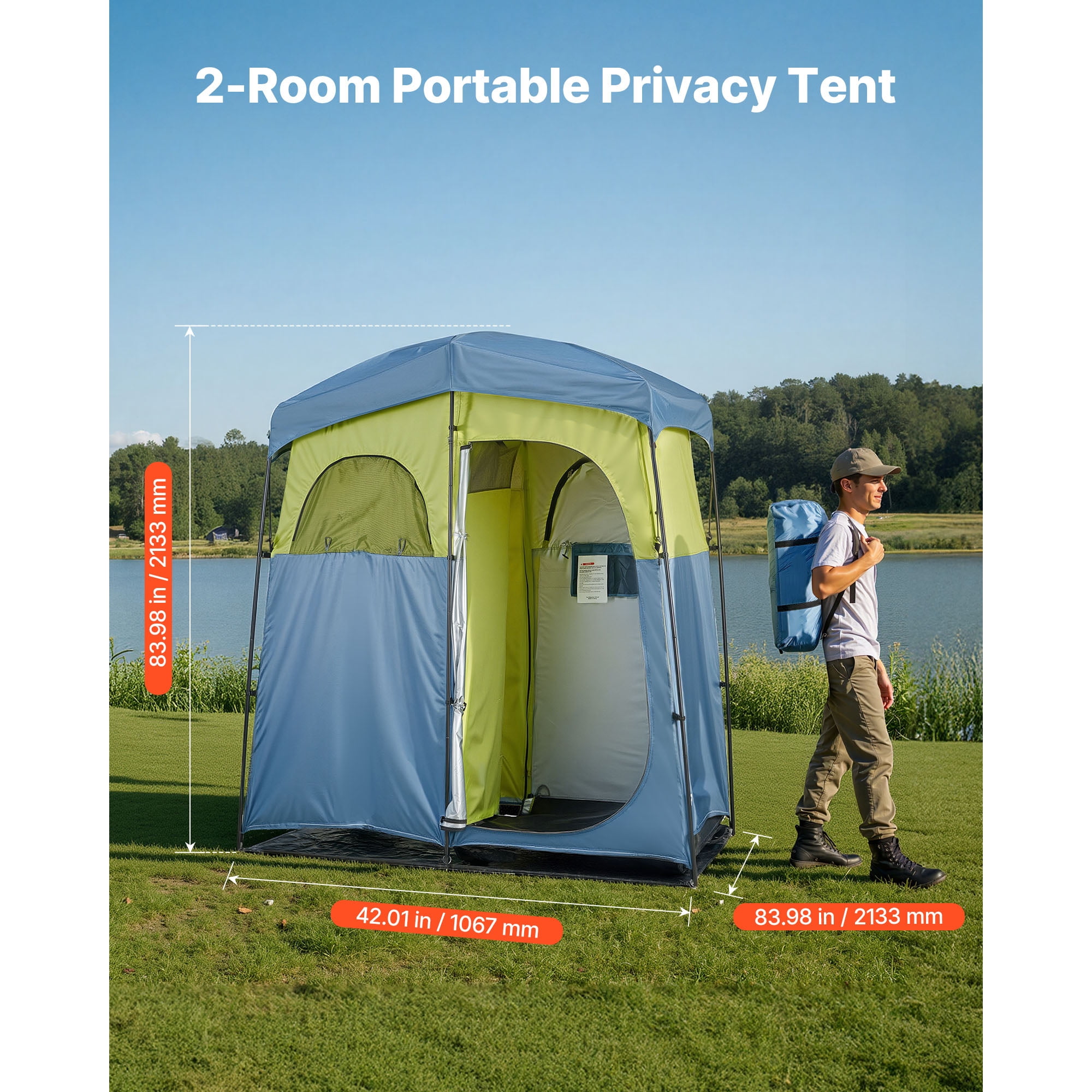 KFFKFF Portable Privacy Tent with Two Compartments, Includes Shower Bag, Ground Stakes, Ropes, Carry Bag, and Support Poles, Made of Durable 150D Oxford Fabric with Silver Coating