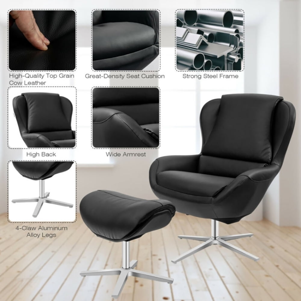 Finihen Leather Soft Upholstered Recliner with Ottoman Footrest, 360° Swivel Leather Lounge Chair with Ottoman and Aluminum Alloy Base, for Living Room, Bedroom, Black Finihen Leather Soft Upholstered Recliner with Ottoman Footrest, 360° Swivel Leather Lounge Chair with Ottoman and Aluminum Alloy Base, for Living Room, Bedroom, Black