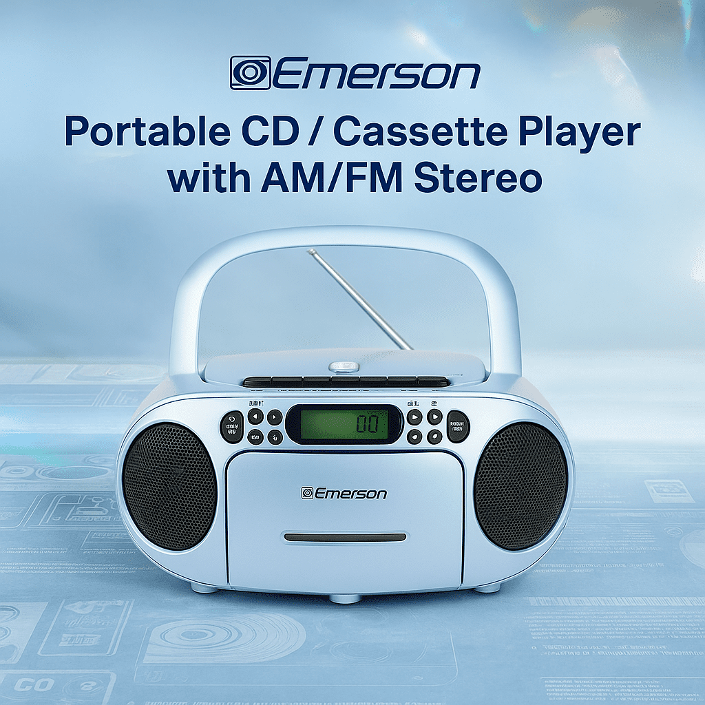Emerson Portable CD Player Boombox with Cassette Player, AM/FM Radio, Tape Recorder, AUX, Headphone Jack, Dual Speakers, AC/DC & Battery Operated - Stereo System for Home, Indoor & Outdoor Use
