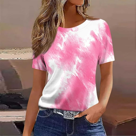 Njagoc3 Womens Pink & White Tie - Dye Top, Short Sleeve, Loose Fit, Trendy Summer & Spring Top