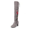 Womens Winter Knee High Boots Embroidered Booties Thick High Heels Shoes