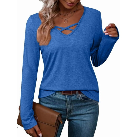 Womens Long Sleeves V Neck Casual Fashion T-Shirt Blouse Comfy Stretchy Solid Color Shirts Blue XL