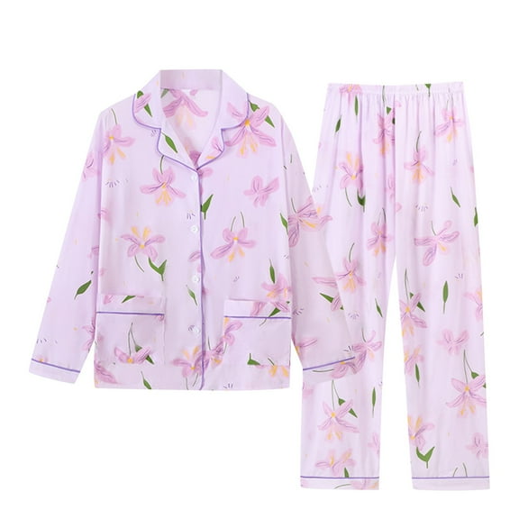 VISALY Womens Pajama Sets Soft Sleepwear Flower Print Button Down Pajamas Loose Plus Size Home Clothes Casual Cotton Shirts Long Sleeved Pajamas Two Piece Set Blue L