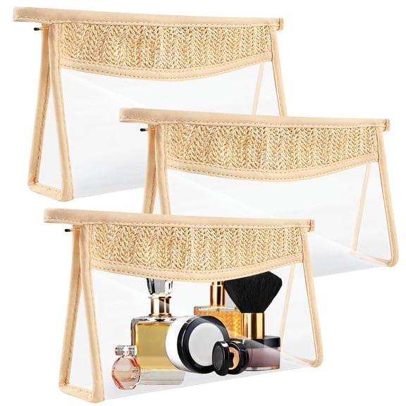 3 Pcs Clear PVC Makeup Bags, Transparent Pouches with Zipper, Straw Woven Splicing Cosmetic Toiletry Organizers, Travel Portable Stand-Up Bohemian Style Washable Storage