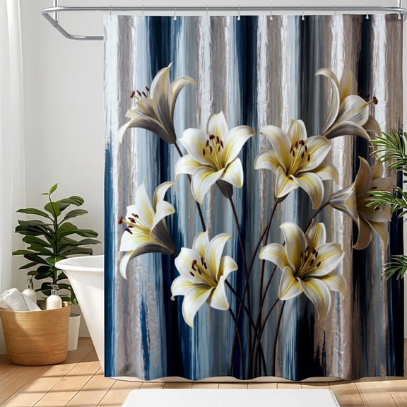 Amarainy Lily Flower Shower Curtain 72x72 Inch, Elegant Floral Bathroom Decor, White Flower Pattern Polyester Fabric Shower Curtain, Waterproof Bath Curtain