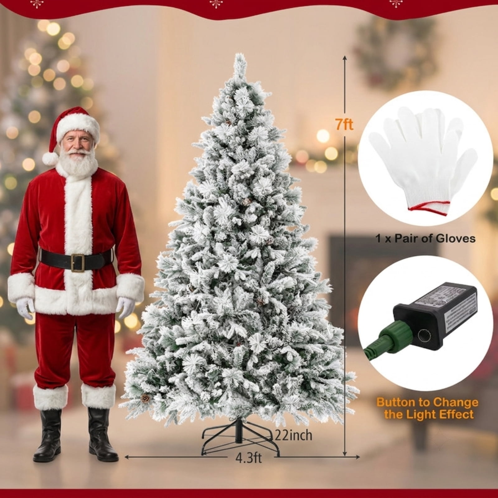 RUIE 7 ft Flocked Artificial Christmas Tree with Pine Cones, Pre-Lit Green White Xmas Tree, 320 LED Lights and 1270 Branch Tips