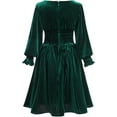 thumbnail image 3 of Drtj Girls' Long Sleeve Dress Velvet Crew Neck Midi Vintage Party Evening Gown for Christmas Wedding Holiday Winter Fall, Sized 11Y, Color Green, 3 of 7