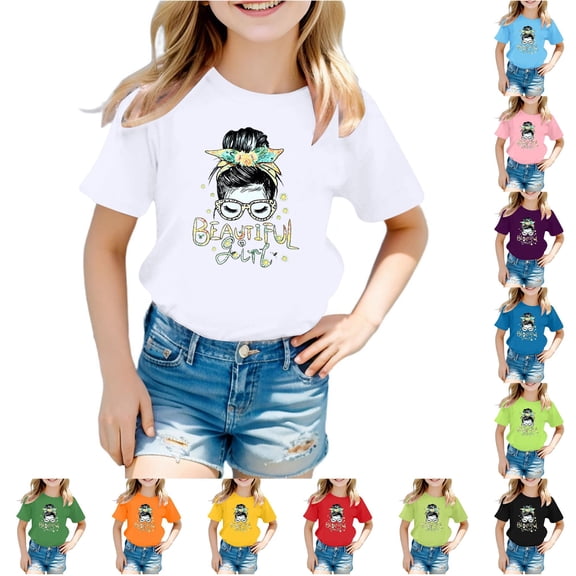 WhouRiu Girls Fashion Graphic Tees Kids Short Sleeve Crew Neck Tshirt Comfortable Cute Casual Summer T Shirts,9-10 Years