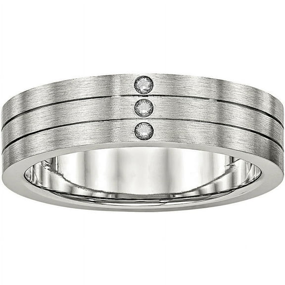 Stainless Steel Brushed Grooved Three CZ Ring