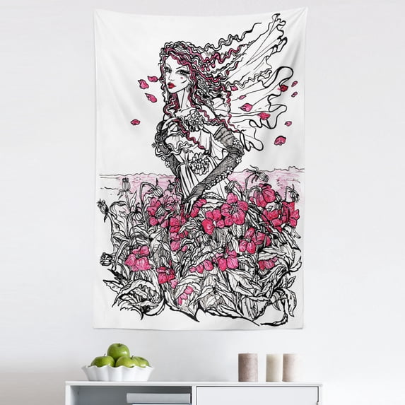 Sketchy Tapestry, Ink Illustration of a Woman on Poppy Field Surrounded by Flowers Spring Theme, Fabric Wall Hanging Decor for Bedroom Living Room Dorm, 5 Sizes, Black White Pink, by Ambesonne