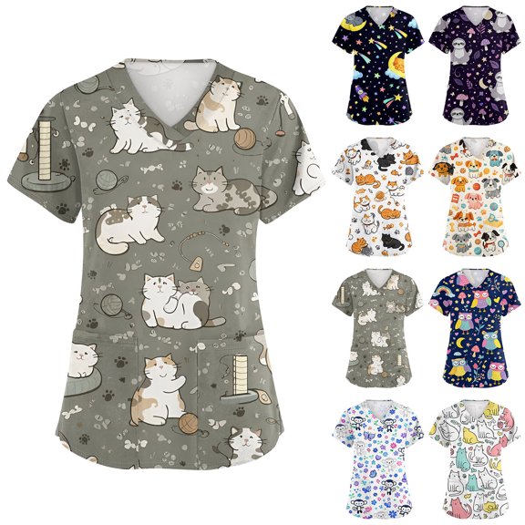 Junboys Scrubs for Women Short Sleeve - V-Neck Cute Animal Print Top, Womens Scrub Tops with Pockets, Cozy Fit Scrubs for Nurses, Breathable,Beige L