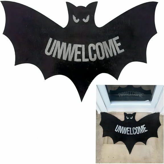 LAMIRO Funny Unwelcome Bat Mat Coir Halloween Doormat Non-Slip PVC Rug for Front Door Entrance Home Decor Outdoor Durable Carpet 15.75